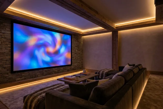 Home cinema room with projector and multiroom audio in a Bali villa