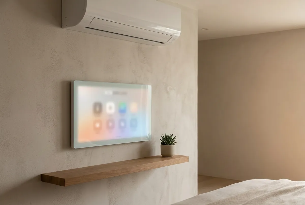 Smart climate control managing air conditioning in a Bali villa bedroom