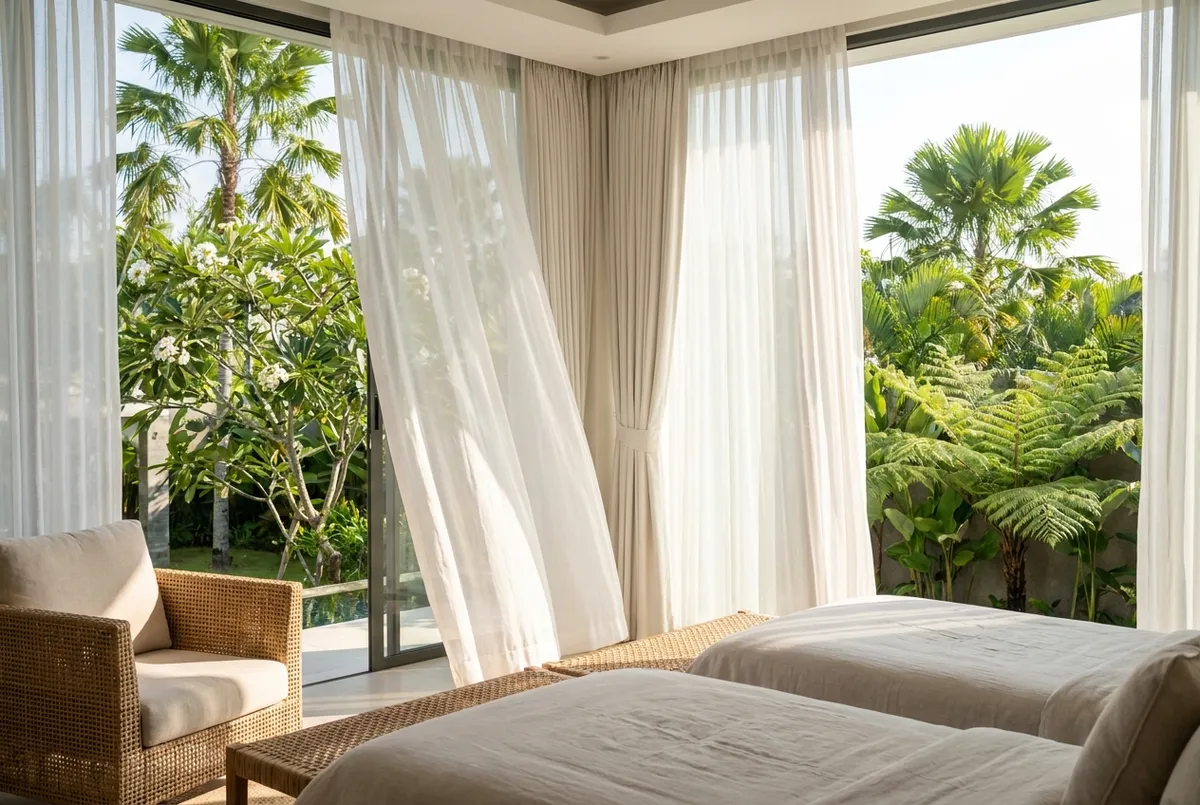 Motorised smart curtains opening onto a garden view in a Bali villa bedroom