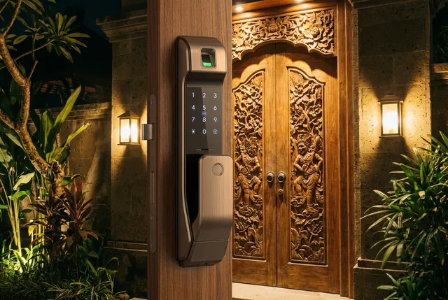 Smart fingerprint door lock on a wooden villa door in Bali