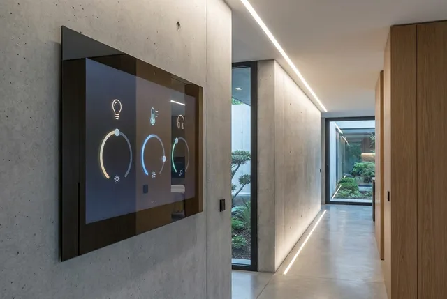 Wall-mounted smart home control panel in a Bali villa living room