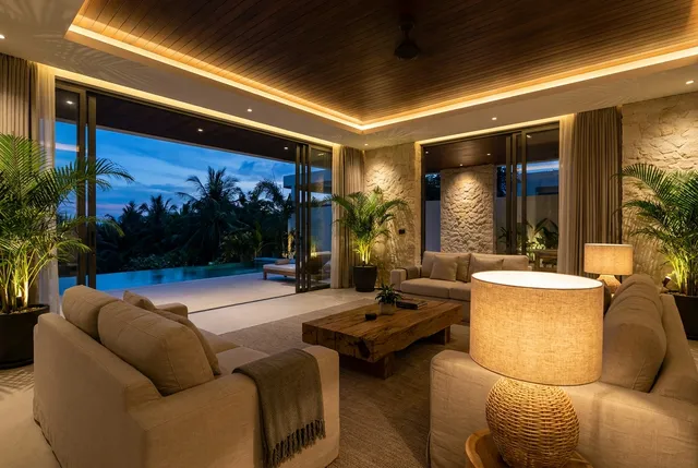 Warm smart lighting scene in a tropical Bali villa at night