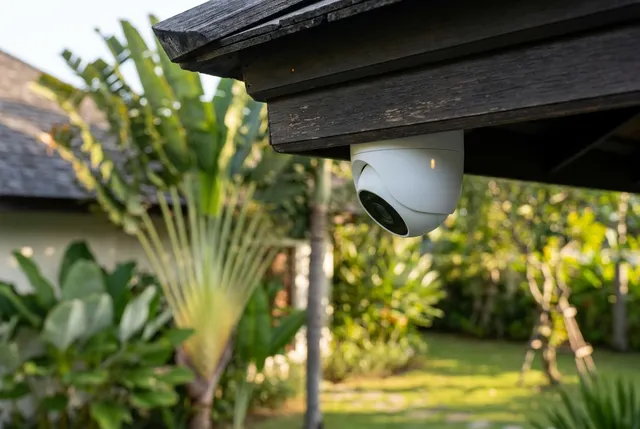 Outdoor security camera installed on a villa wall in Bali